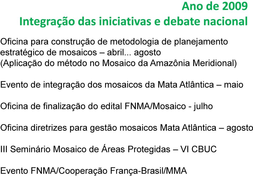 .. agosto (Aplicação do método no Mosaico da Amazônia Meridional) Evento de integração dos mosaicos da Mata Atlântica