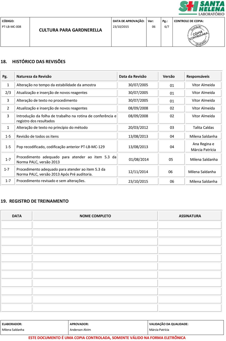 Almeida 3 Alteração de texto no procedimento 30/07/2005 01 Vitor Almeida 2 Atualização e inserção de novos reagentes 08/09/2008 02 Vitor Almeida 3 Introdução da folha de trabalho na rotina de