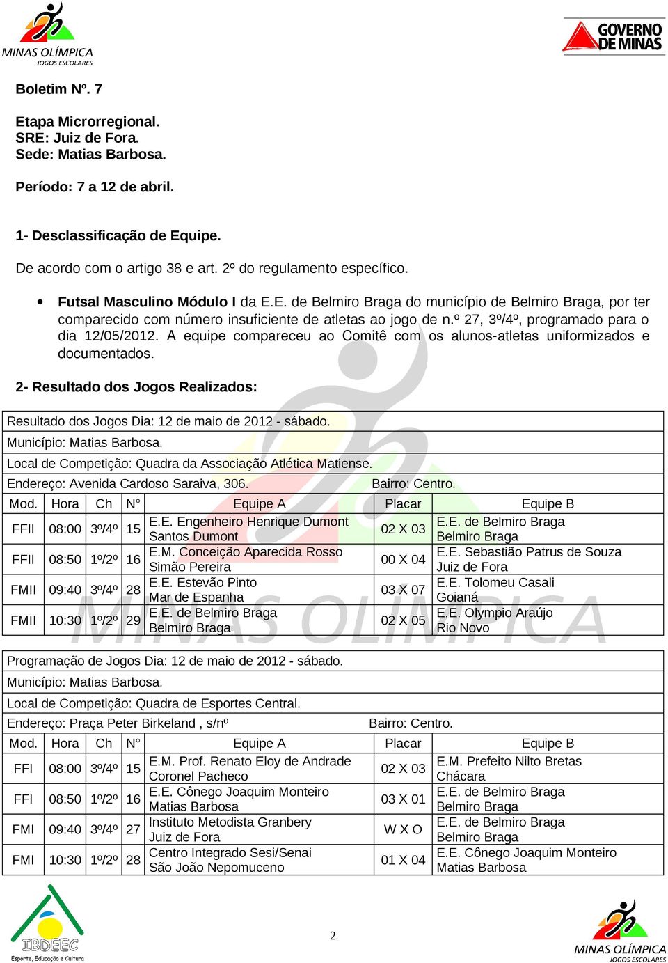 A equipe compareceu ao Comitê com os alunos-atletas uniformizados e documentados. 2- Resultado dos Jogos Realizados: Resultado dos Jogos Dia: 12 de maio de 2012 - sábado. Município:.