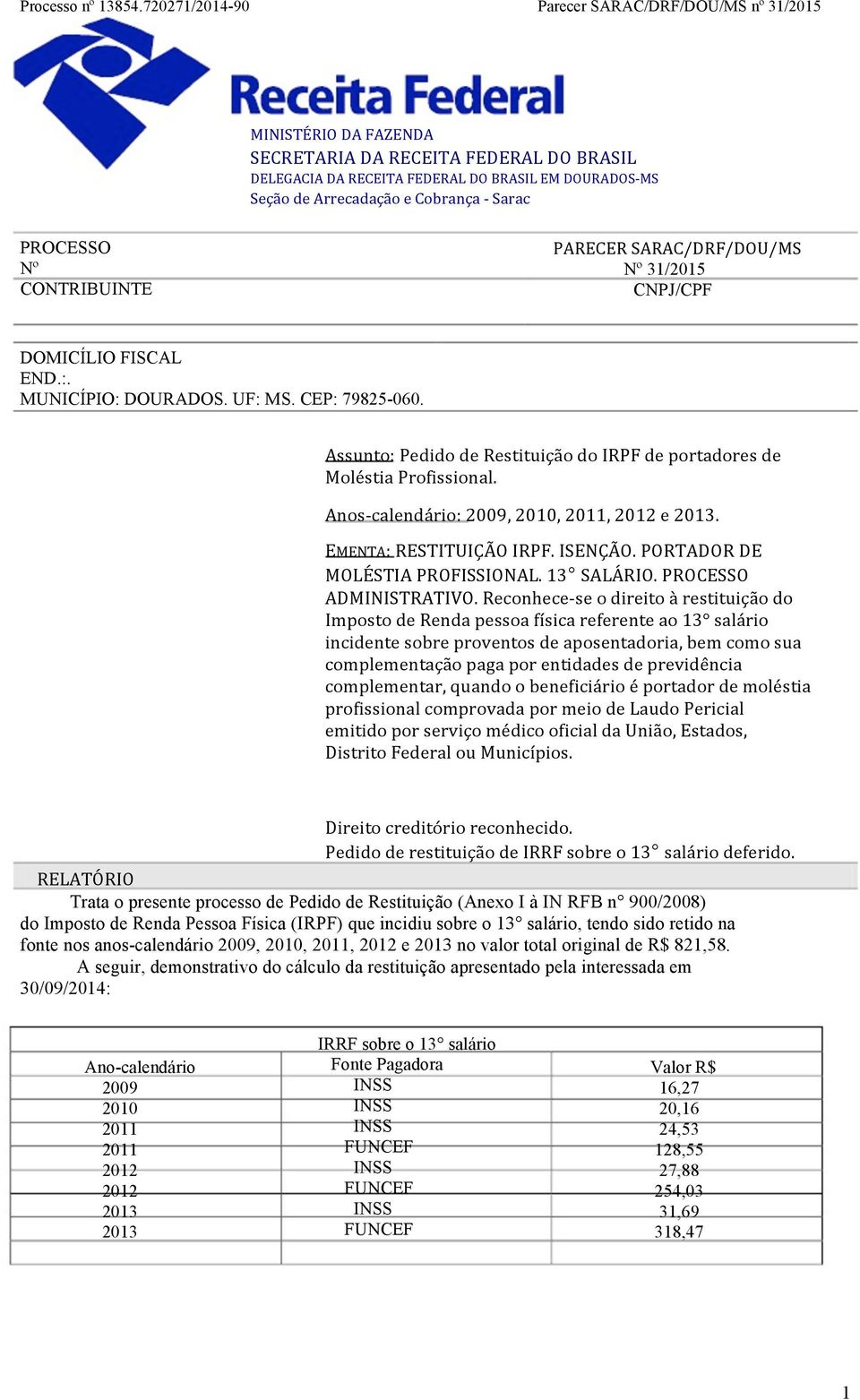 Sarac PROCESSO Nº CONTRIBUINTE PARECER SARAC/DRF/DOU/MS Nº 31/2015 CNPJ/CPF DOMICÍLIO FISCAL END.:. MUNICÍPIO: DOURADOS. UF: MS. CEP: 79825060.