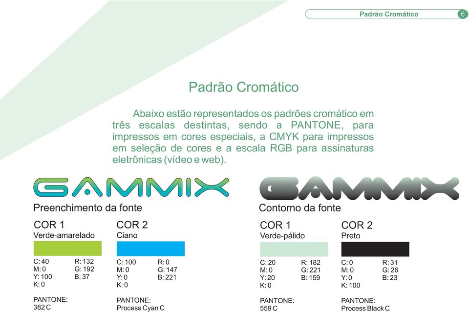 Preenchimento da fonte Contorno da fonte COR 1 COR 2 COR 1 COR 2 Verde-amarelado Ciano Verde-pálido Preto C: 40 R: 132 M: 0 G: 192 Y: 100 B: 37 K: 0 C: