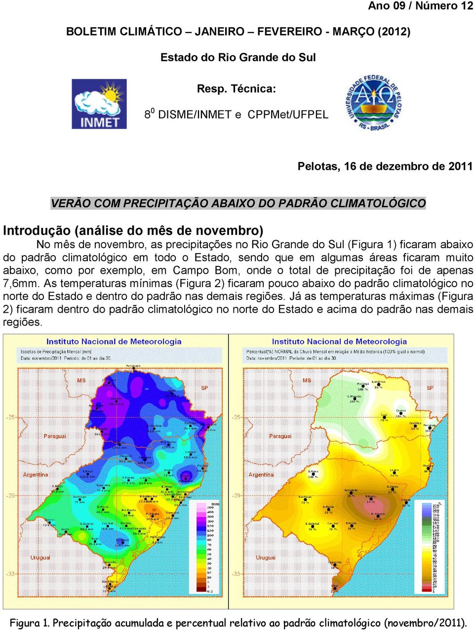 precipitações no Rio Grande do Sul (Figura 1) ficaram abaixo do padrão climatológico em todo o Estado, sendo que em algumas áreas ficaram muito abaixo, como por exemplo, em Campo Bom, onde o total de