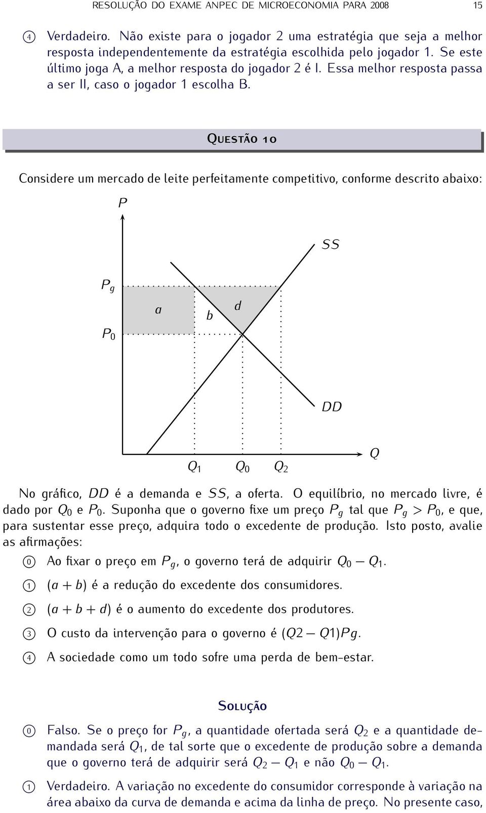 QUESTÃO 10 Considere um mercado de leite perfeitamente competitivo, conforme descrito abaixo: P SS P g a b d P 0 DD Q 1 Q 0 Q Q No gráfico, DD é a demanda e SS, a oferta.