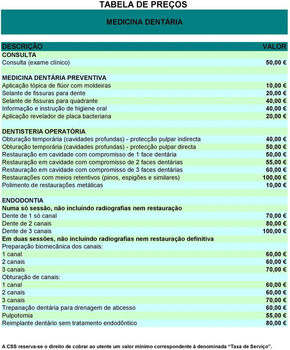 pulpar indirecta 40,00 Obturação temporária (cavidades profundas) - protecção pulpar directa 50,00 Restauração em cavidade com compromisso de 1 face dentária 50,00 Restauração em cavidade com