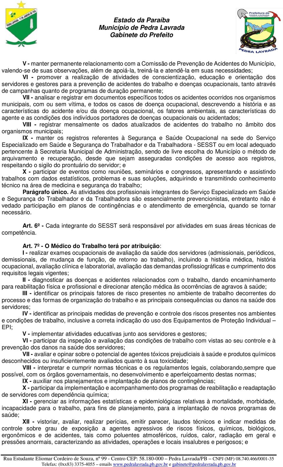 programas de duração permanente; VII - analisar e registrar em documentos específicos todos os acidentes ocorridos nos organismos municipais, com ou sem vítima, e todos os casos de doença