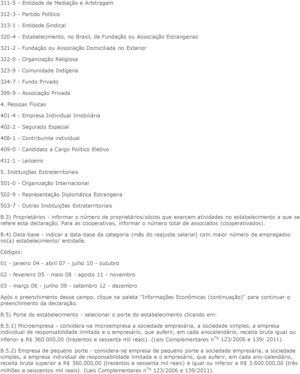 Pessoas Físicas 401-4 - Empresa Individual Imobiliária 402-2 - Segurado Especial 408-1 - Contribuinte individual 409-0 - Candidato a Cargo Político Eletivo 411-1 - Leiloeiro 5.