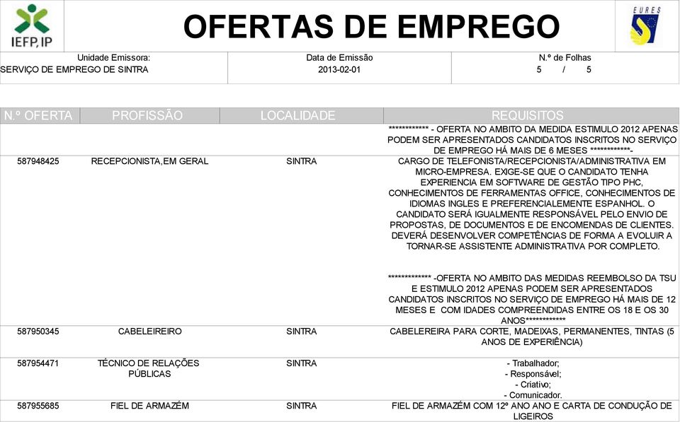 EXIGE-SE QUE O CANDIDATO TENHA EXPERIENCIA EM SOFTWARE DE GESTÃO TIPO PHC, CONHECIMENTOS DE FERRAMENTAS OFFICE, CONHECIMENTOS DE IDIOMAS INGLES E PREFERENCIALEMENTE ESPANHOL.