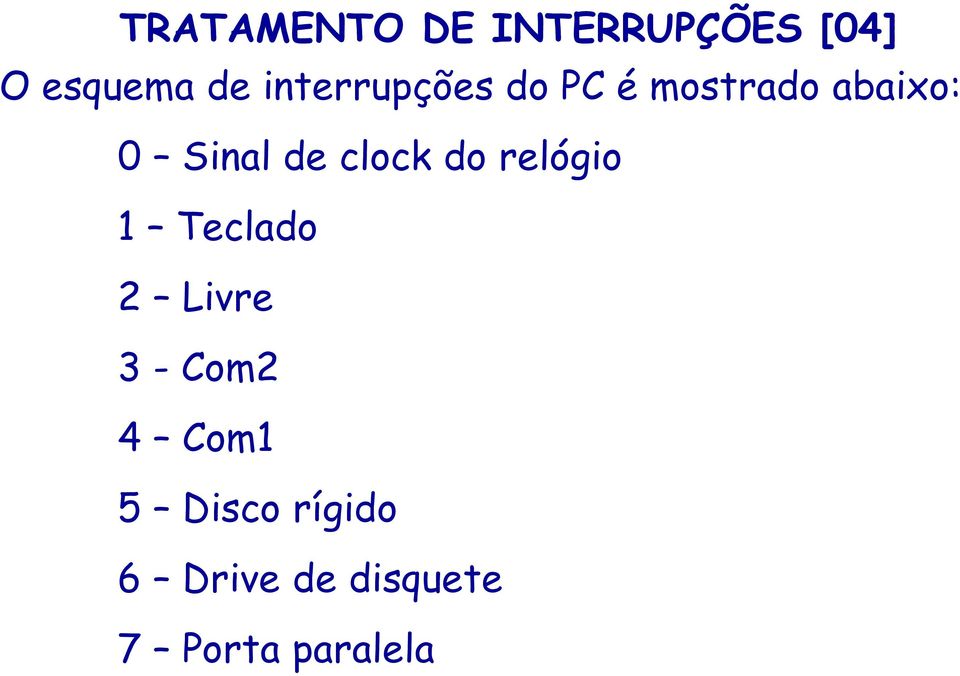 clock do relógio 1 Teclado 2 Livre 3 - Com2 4