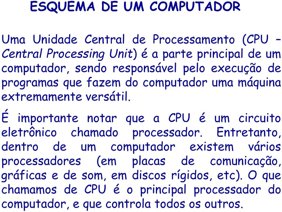 É importante notar que a CPU é um circuito eletrônico chamado processador.