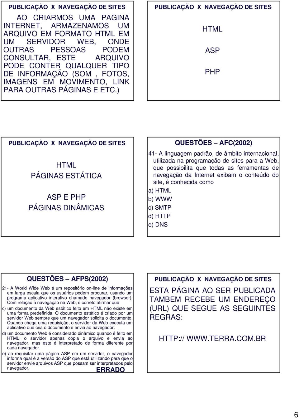 ) PUBLICAÇÃO X NAVEGAÇÃO DE SITES HTML ASP PHP PUBLICAÇÃO X NAVEGAÇÃO DE SITES HTML PÁGINAS ESTÁTICA ASP E PHP PÁGINAS DINÂMICAS QUESTÕES AFC(2002) 41- A linguagem padrão, de âmbito internacional,