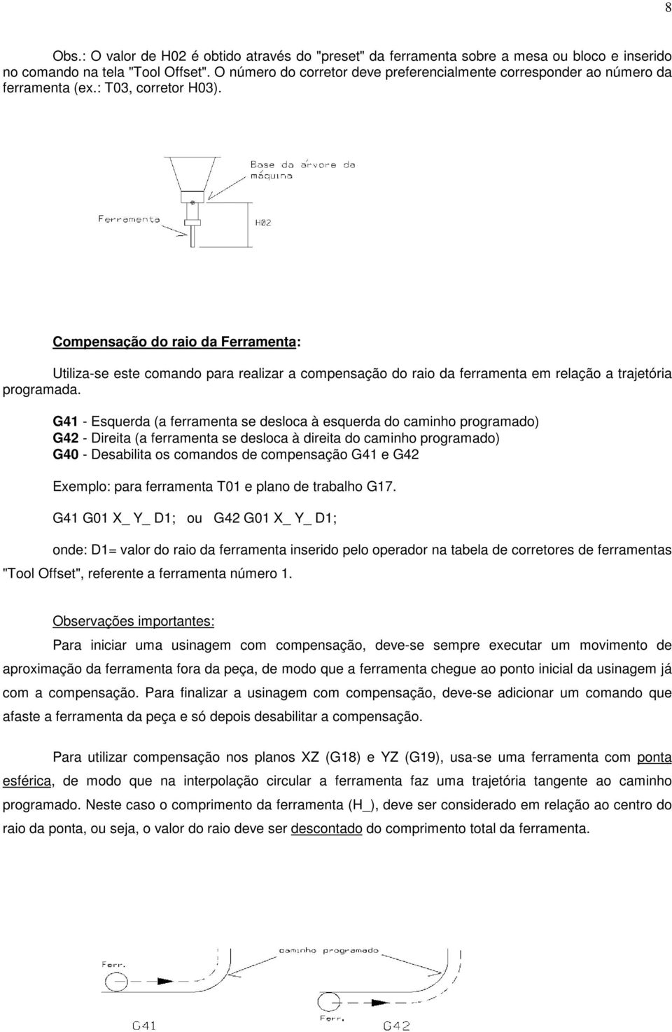 Compensação do raio da Ferramenta: Utiliza-se este comando para realizar a compensação do raio da ferramenta em relação a trajetória programada.