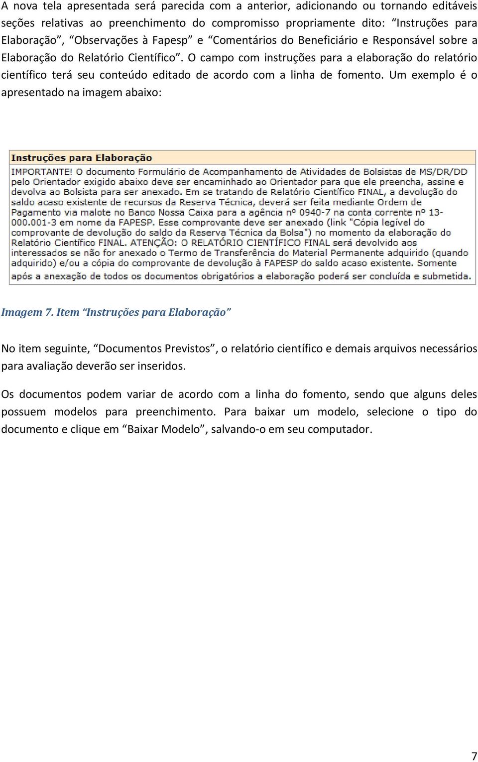 O campo com instruções para a elaboração do relatório científico terá seu conteúdo editado de acordo com a linha de fomento. Um exemplo é o apresentado na imagem abaixo: Imagem 7.