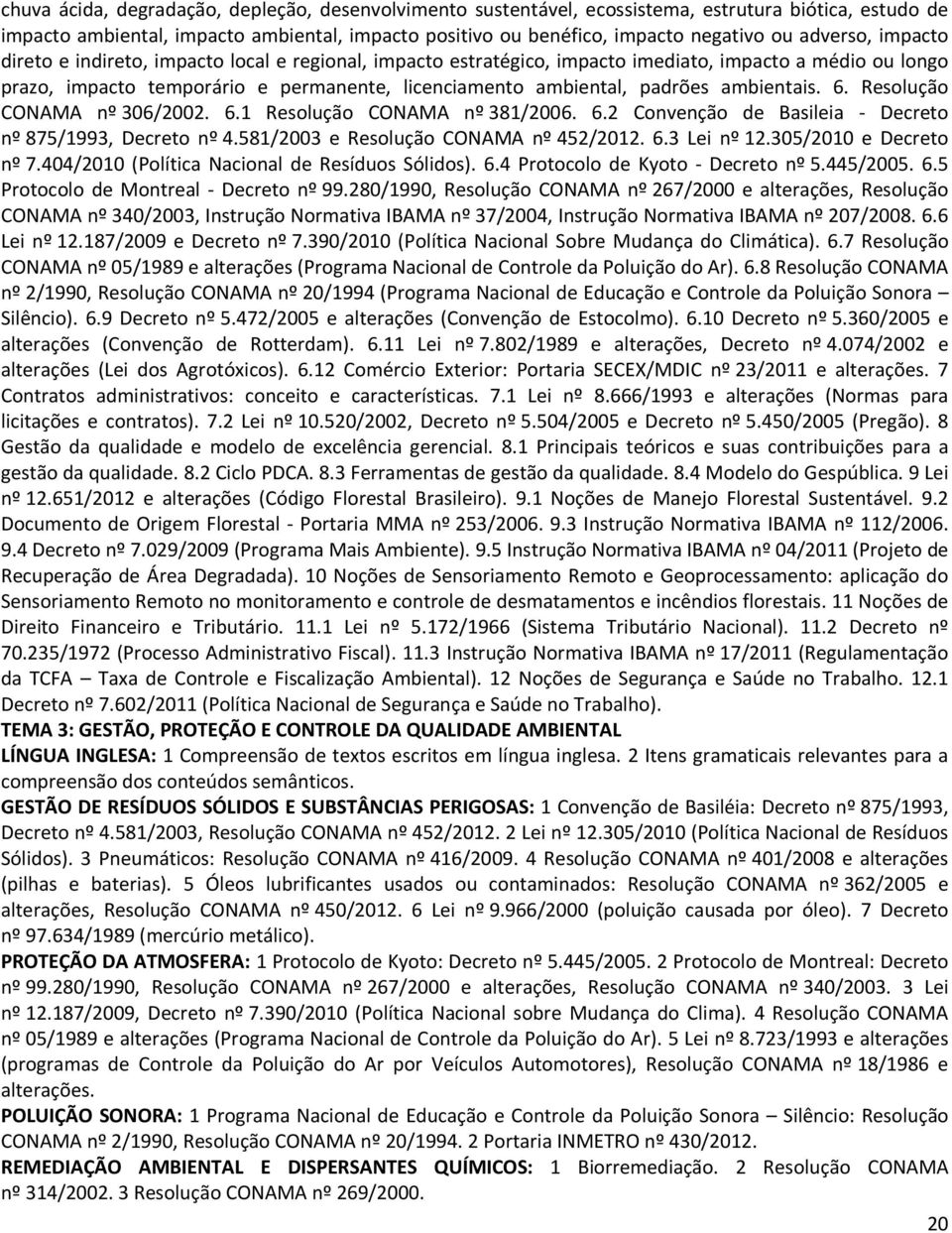 ambientais. 6. Resolução CONAMA nº 306/2002. 6.1 Resolução CONAMA nº 381/2006. 6.2 Convenção de Basileia - Decreto nº 875/1993, Decreto nº 4.581/2003 e Resolução CONAMA nº 452/2012. 6.3 Lei nº 12.