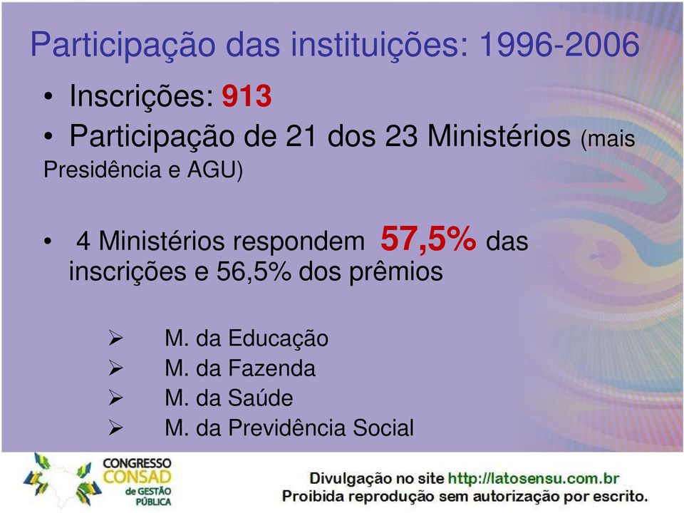 4 Ministérios respondem 57,5% das inscrições e 56,5% dos