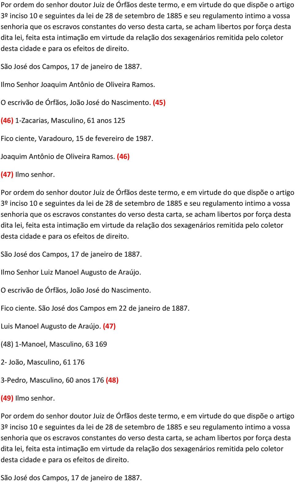 Joaquim Antônio de Oliveira Ramos. (46) (47) Ilmo senhor. Ilmo Senhor Luiz Manoel Augusto de Araújo. Fico ciente.