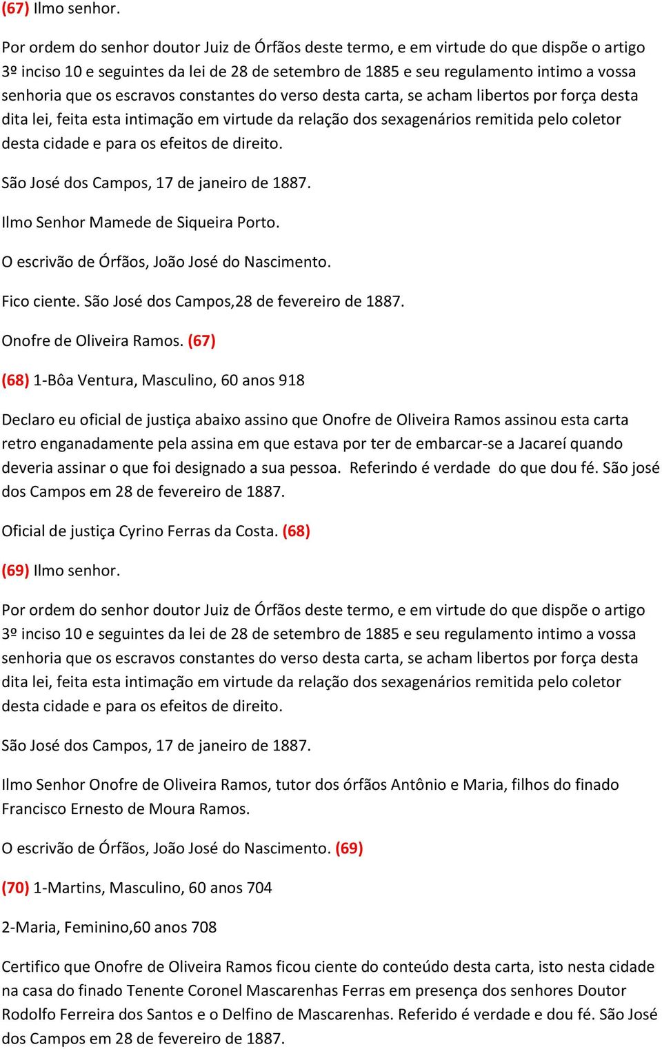 embarcar-se a Jacareí quando deveria assinar o que foi designado a sua pessoa. Referindo é verdade do que dou fé. São josé dos Campos em 28 de fevereiro de 1887.