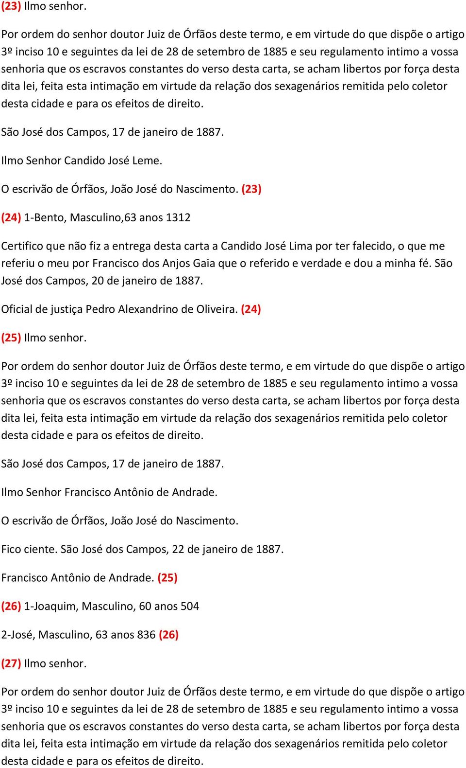 Francisco dos Anjos Gaia que o referido e verdade e dou a minha fé. São José dos Campos, 20 de janeiro de 1887.