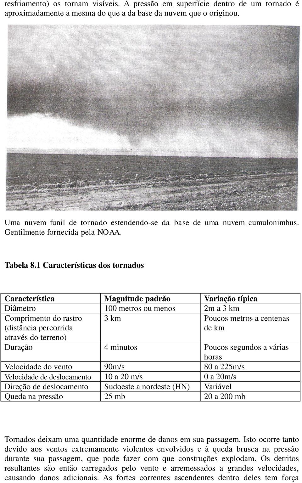 1 Características dos tornados Característica Magnitude padrão Variação típica Diâmetro 100 metros ou menos 2m a 3 km Comprimento do rastro (distância percorrida 3 km Poucos metros a centenas de km