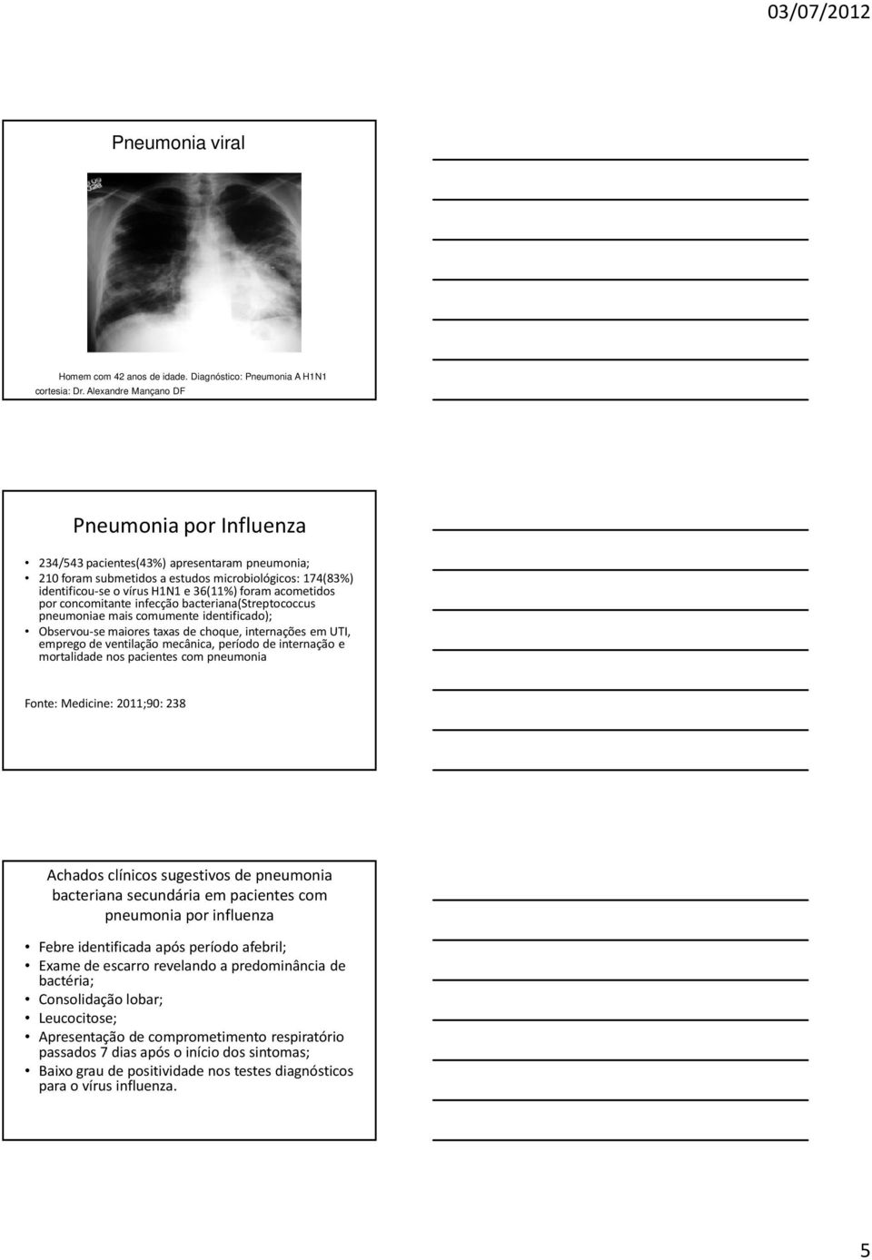 acometidos por concomitante infecção bacteriana(streptococcus pneumoniae mais comumente identificado); Observou-se maiores taxas de choque, internações em UTI, emprego de ventilação mecânica, período