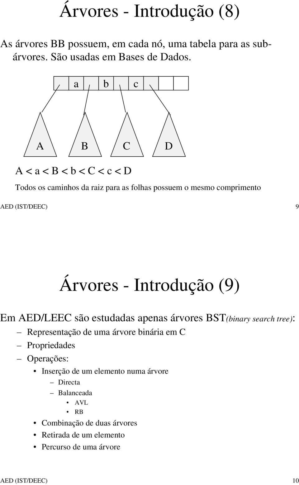 Introdução (9) Em AED/LEEC são estudadas apenas árvores BST(binary search tree): Representação de uma árvore binária em C Propriedades