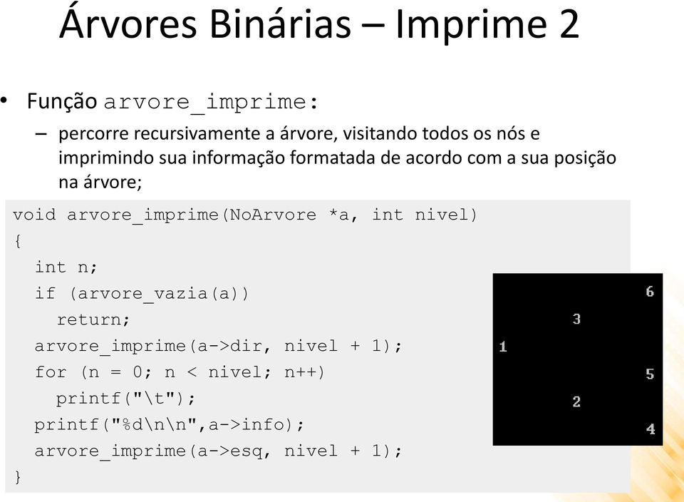 acordo com a sua posição na árvore; int n; if (arvore_vazia(a)) return; arvore_imprime(a->dir, nivel