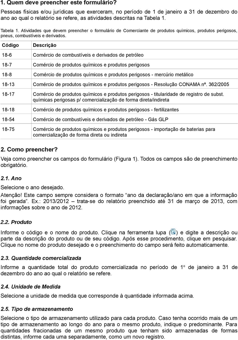 Tabela 1. Atividades que devem preencher o formulário de Comerciante de produtos químicos, produtos perigosos, pneus, combustíveis e derivados.