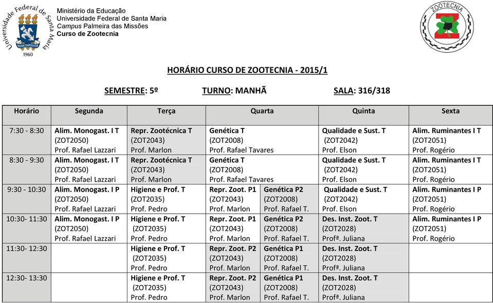 T 12:30-13:30 Higiene e Prof. T Genética T Genética T Repr. Zoot. P1 Repr. Zoot. P1 Repr. Zoot. P2 Repr. Zoot. P2 Genética P2 Genética P2 Genética P1 Genética P1 Alim.