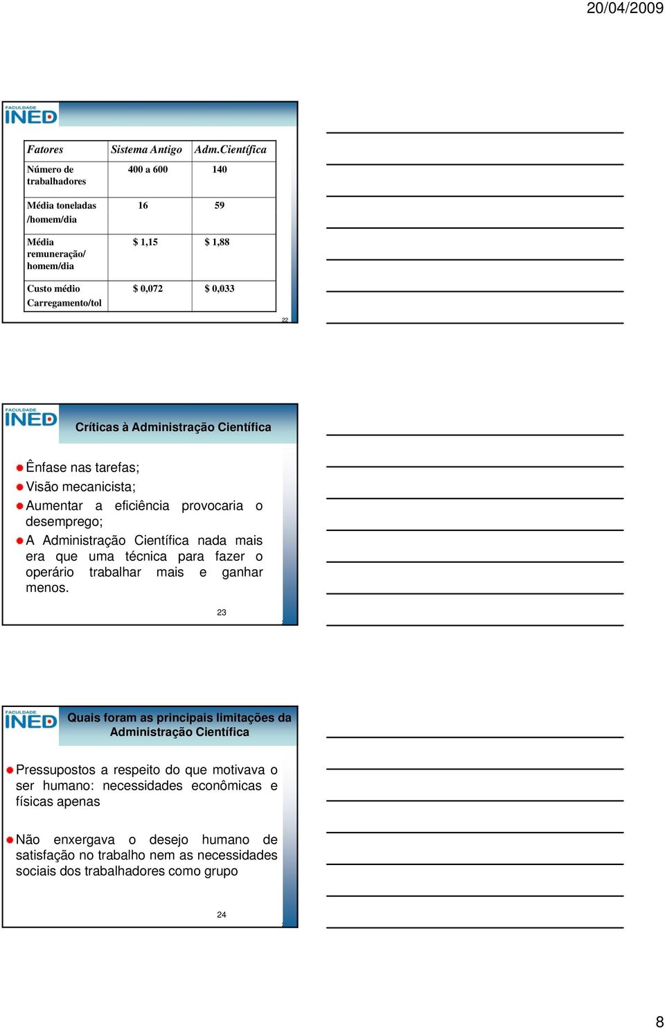 Críticas à Administração Científica Ênfase nas tarefas; Visão mecanicista; Aumentar a eficiência provocaria o desemprego; A Administração Científica nada mais era que uma técnica