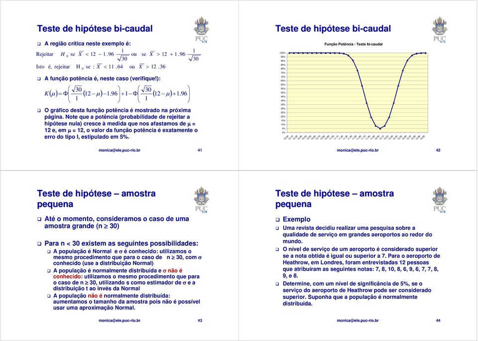 Note que a potêcia (probabilidade de rejeitar a hipótese ula) cresce à medida que os afastamos de μ = 2 e, em μ = 2, o valor da fução potêcia é exatamete o erro do tipo I, estipulado em 5%.