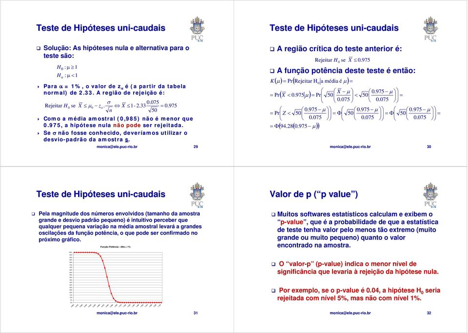 Se σ ão fosse cohecido, deveríamos utilizar o desvio-padrão da amostra s. 29 A região crítica do teste aterior é: se X.975 A fução potêcia deste teste é etão: K( μ ) = ( a média é μ ) = = Pr ( X <.