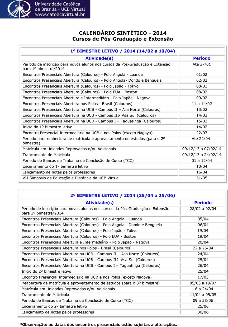 Encontros Presenciais Abertura (Calouros) - Polo Japão - Tokyo 08/02 Encontros Presenciais Abertura (Calouros) - Polo EUA - Boston 08/02 Encontros Presenciais Abertura e Intermediário - Polo Japão -