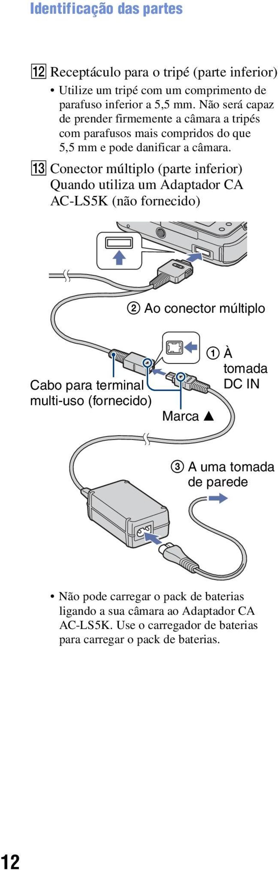 M Conector múltiplo (parte inferior) Quando utiliza um Adaptador CA AC-LS5K (não fornecido) 2 Ao conector múltiplo Cabo para terminal multi-uso