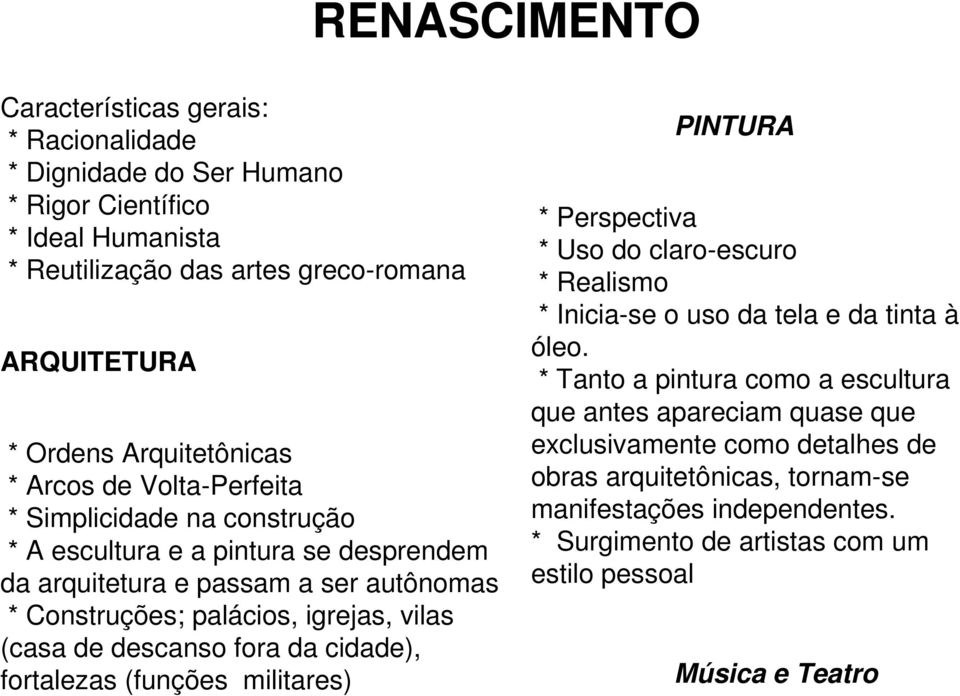 vilas (casa de descanso fora da cidade), fortalezas (funções militares) PINTURA * Perspectiva * Uso do claro-escuro * Realismo * Inicia-se o uso da tela e da tinta à óleo.