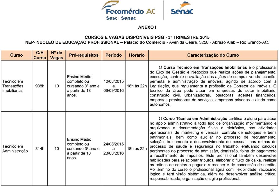 10/08/2015 06/09/2016 O Curso Técnico em Trnsções Imobiliáris é o profissionl do Eixo de Gestão e Negócios que reliz ções de plnejmento, execução, controle e vlição ds ções de compr, vend locção,