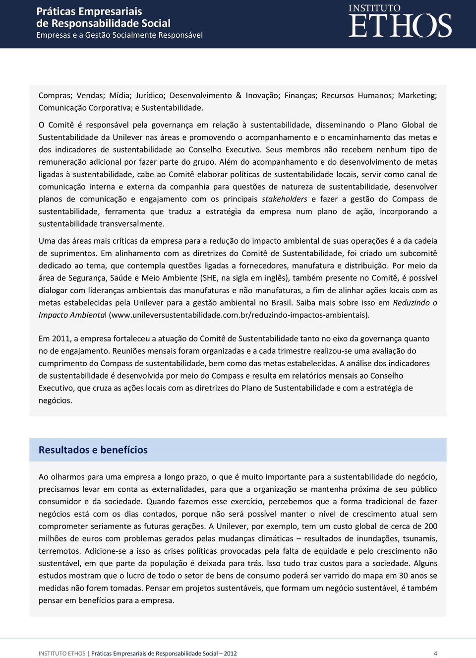 e dos indicadores de sustentabilidade ao Conselho Executivo. Seus membros não recebem nenhum tipo de remuneração adicional por fazer parte do grupo.