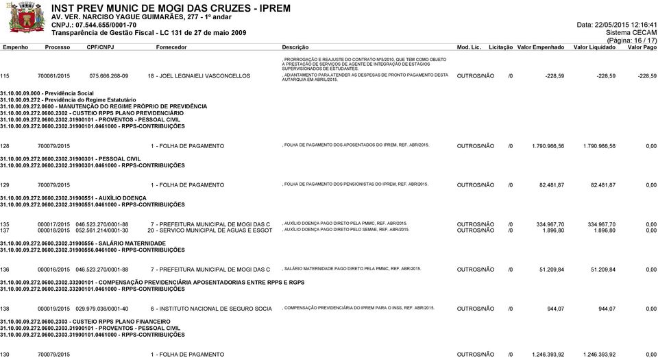 10.00.09.272 - Previdência do Regime Estatutário 31.10.00.09.272.0600 - MANUTENÇÃO DO REGIME PRÓPRIO DE PREVIDÊNCIA 31.10.00.09.272.0600.2302 - CUSTEIO RPPS PLANO PREVIDENCIÁRIO 31.10.00.09.272.0600.2302.31900101 - PROVENTOS - PESSOAL CIVIL 31.