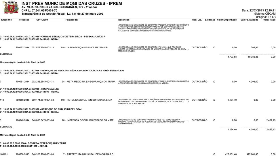 877.854/0001-13 119 - JAIRO GONÇALVES MOLINA JUNIOR, PRORROGAÇÃO E REAJUSTE DO CONTRATO Nº 01/2012, QUE TEM COMO OBJETO A PRESTAÇÃO DE SERVIÇOS DE MANUTENÇÃO DO WEBSITE DO IPREM - MOGI DAS CRUZES.