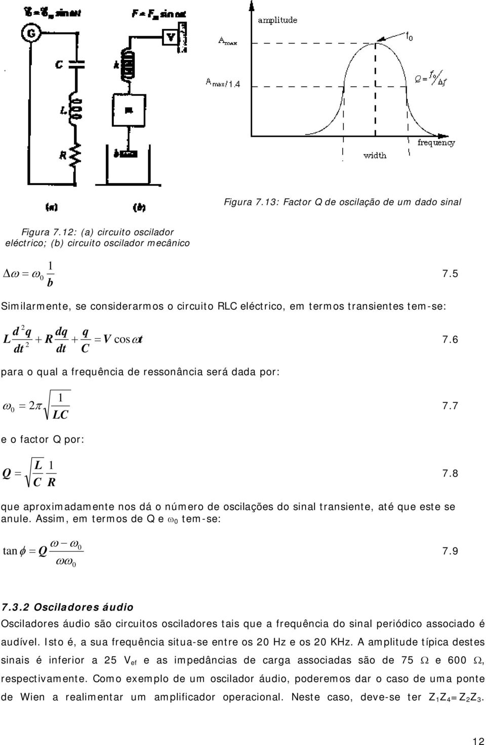 6 2 dt dt C para o qual a frequência de ressonância será dada por: 1 ω 0 = 2π 7.7 LC e o factor Q por: L 1 Q = 7.