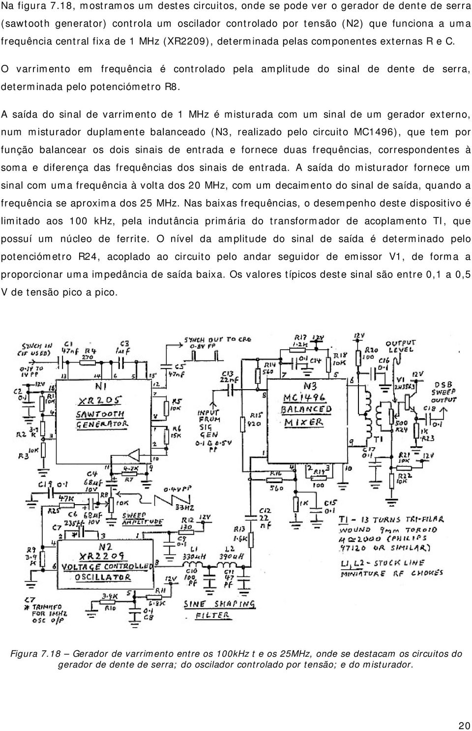 MHz (XR2209), determinada pelas componentes externas R e C. O varrimento em frequência é controlado pela amplitude do sinal de dente de serra, determinada pelo potenciómetro R8.