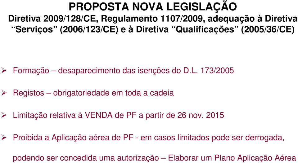 173/2005 Registos obrigatoriedade em toda a cadeia Limitação relativa à VENDA de PF a partir de 26 nov.