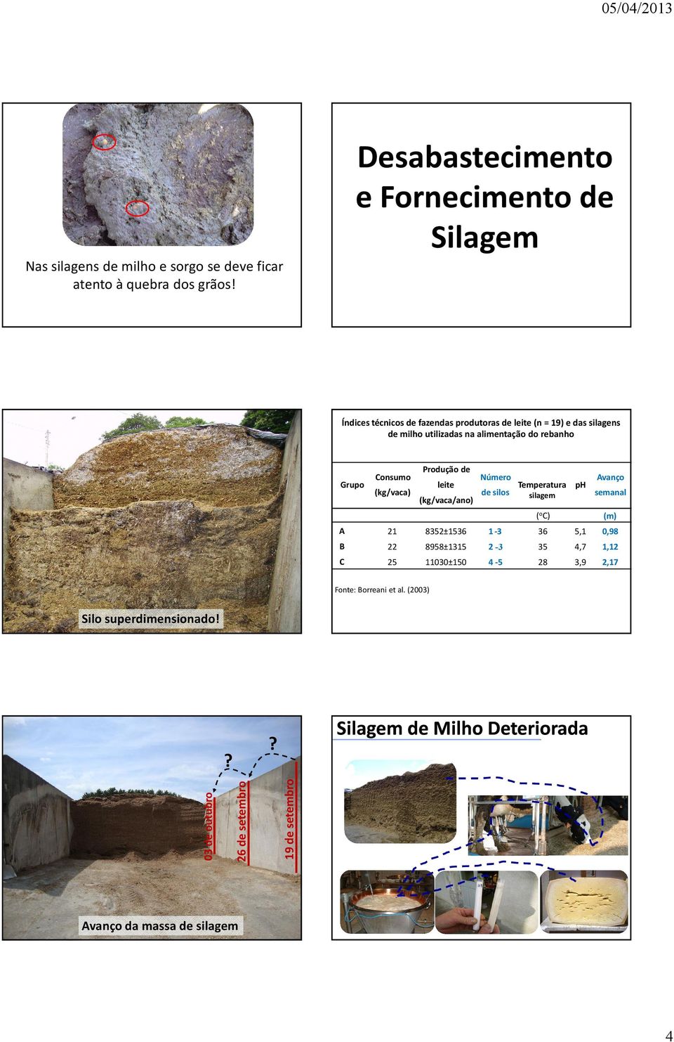 Produção de leite (kg/vaca/ano) Número de silos Temperatura ph silagem (oc) Avanço semanal (m) A 21 8352±1536 1-3 36 5,1 0,98 B 22 8958±1315 2-3 35