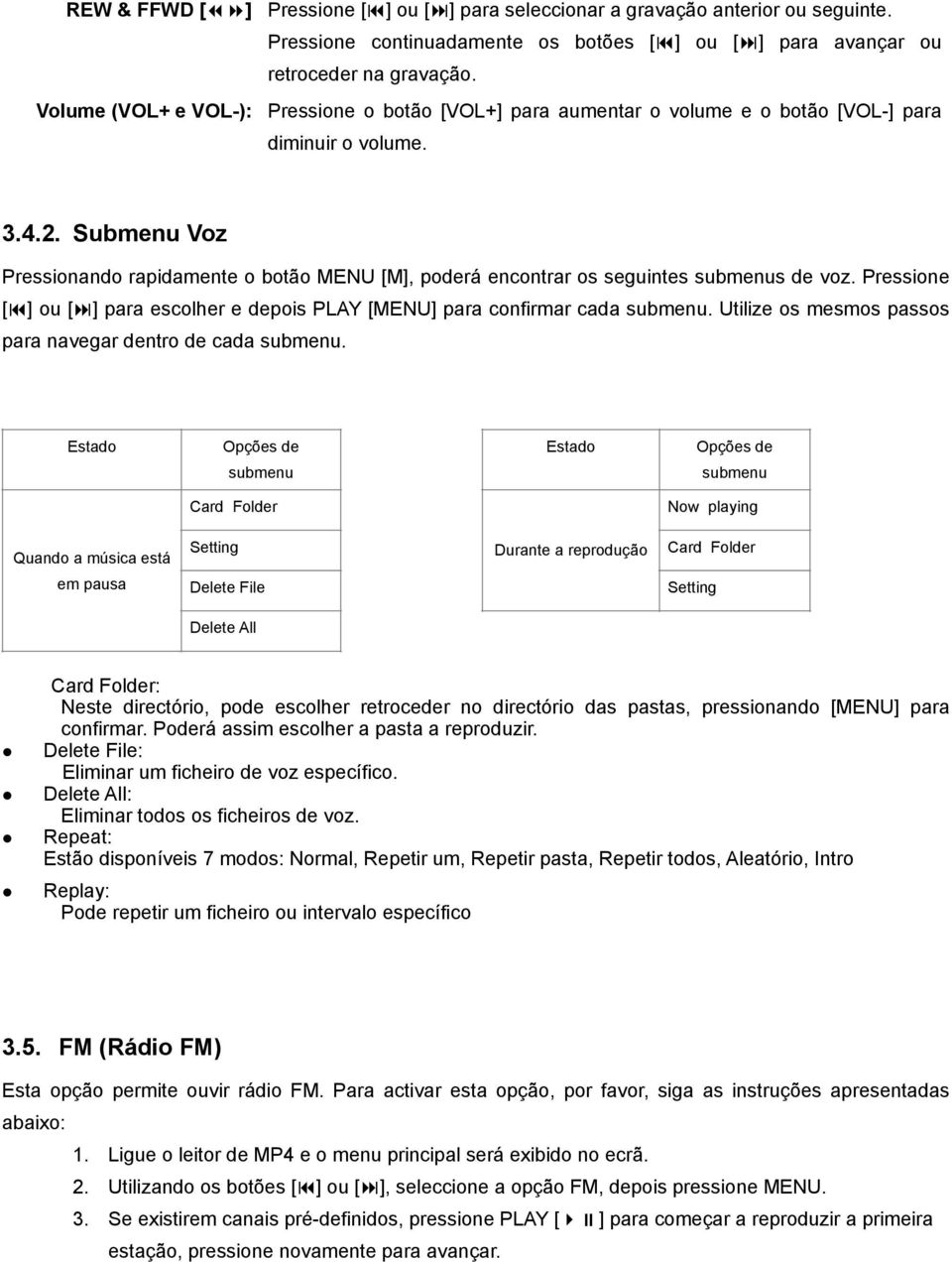 Submenu Voz Pressionando rapidamente o botão MENU [M], poderá encontrar os seguintes submenus de voz. Pressione [#] ou [%] para escolher e depois PLAY [MENU] para confirmar cada submenu.