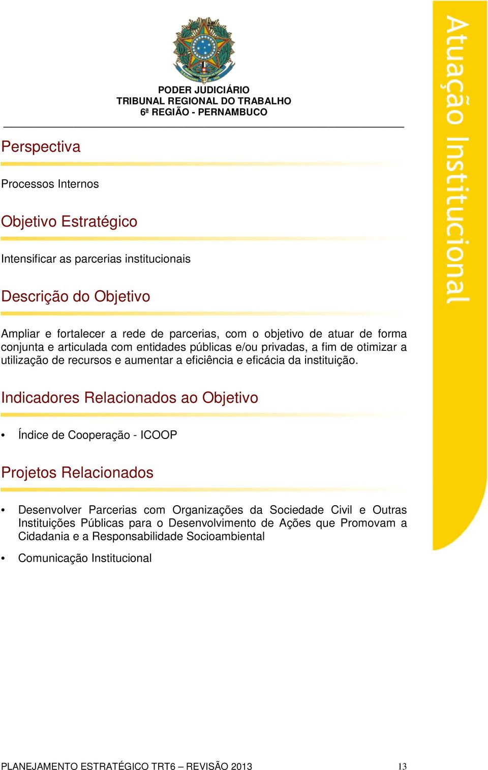 Indicadores Relacionados ao Objetivo Índice de Cooperação - ICOOP Projetos Relacionados Desenvolver Parcerias com Organizações da Sociedade Civil e Outras Instituições