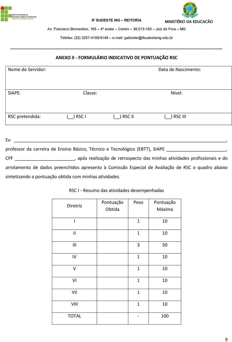 arrolamento de dados preenchidos apresento à Comissão Especial de Avaliação de RSC o quadro abaixo sintetizando a pontuação obtida com minhas atividades.