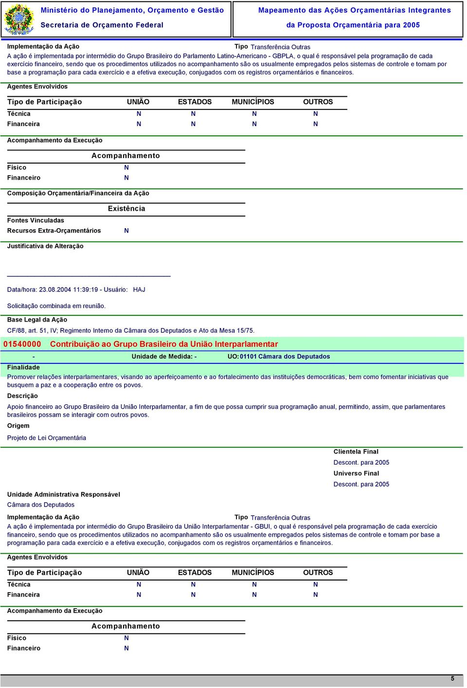 e financeiros. Tipo de Participação UIÃO ESTADOS MUICÍPIOS OUTROS Composição Orçamentária/ da Ação Data/hora: 23.08.2004 11:39:19 - Usuário: HAJ Solicitação combinada em reunião. CF/88, art.