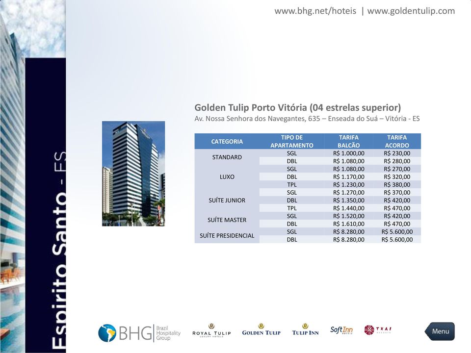 SGL R$ 1.000,00 R$ 230,00 DBL R$ 1.080,00 R$ 280,00 SGL R$ 1.080,00 R$ 270,00 DBL R$ 1.170,00 R$ 320,00 TPL R$ 1.