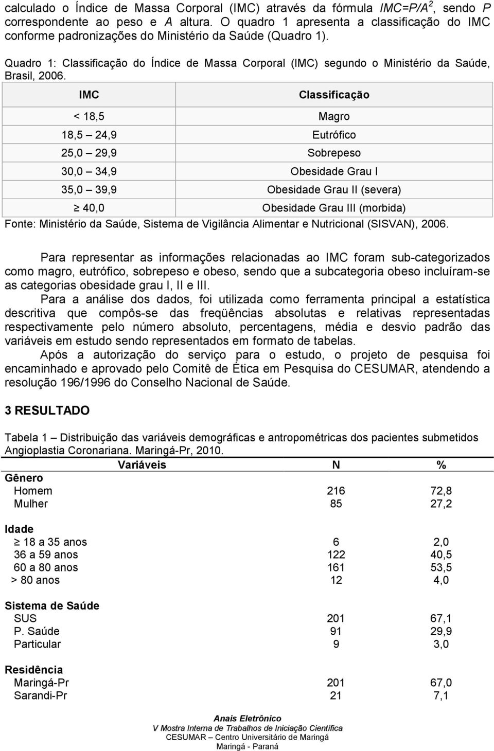 Quadro 1: Classificação do Índice de Massa Corporal (IMC) segundo o Ministério da Saúde, Brasil, 2006.