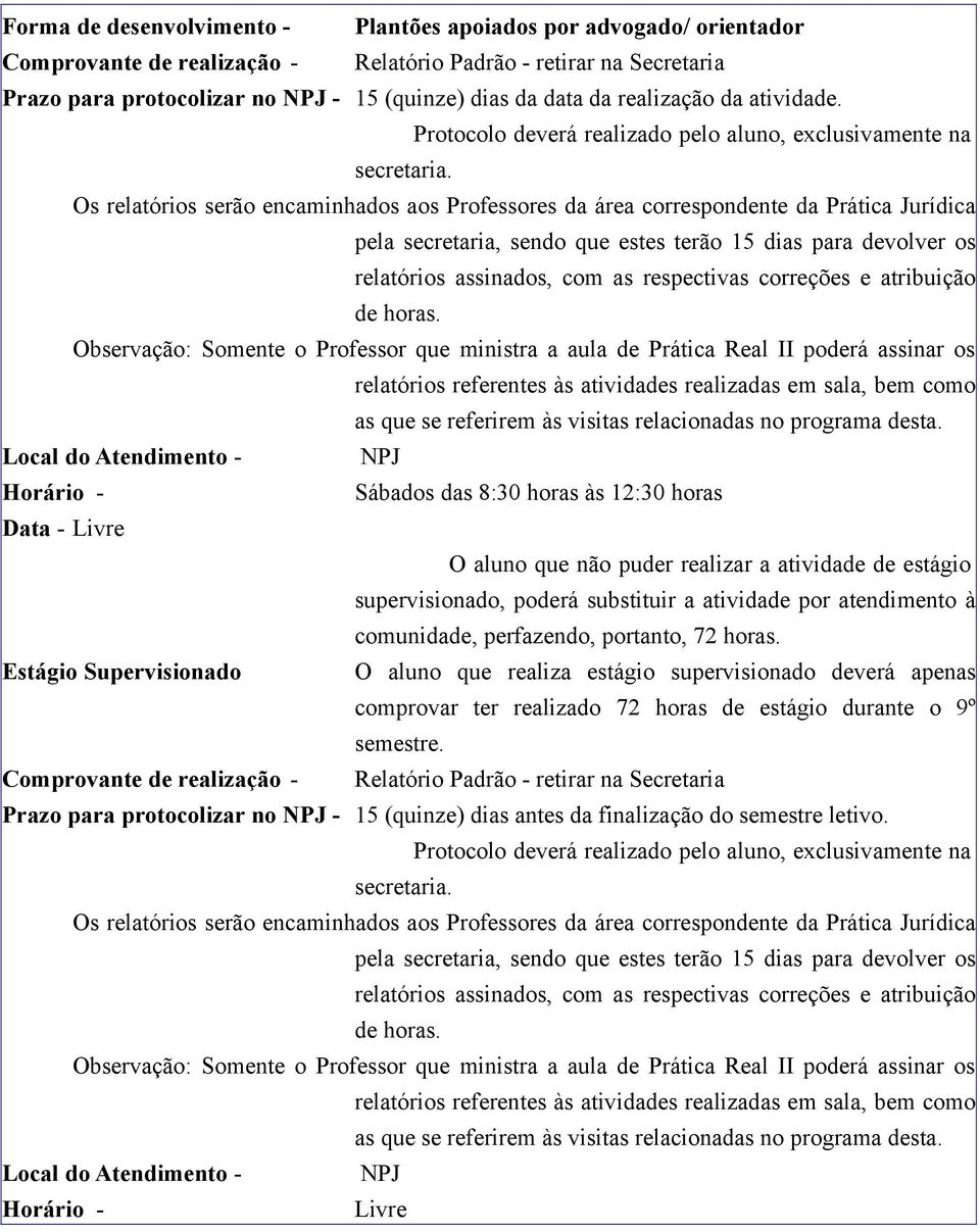 Os relatórios serão encaminhados aos Professores da área correspondente da Prática Jurídica pela secretaria, sendo que estes terão 15 dias para devolver os relatórios assinados, com as respectivas