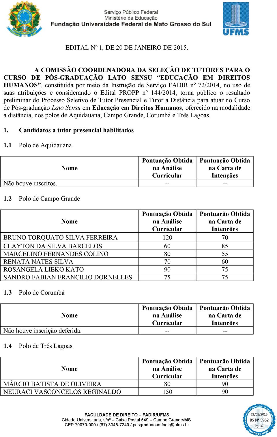 atribuições e considerando o Edital PROPP nº 144/2014, torna público o resultado preliminar do Processo Seletivo de Tutor Presencial e Tutor a Distância para atuar no Curso de Pós-graduação Lato