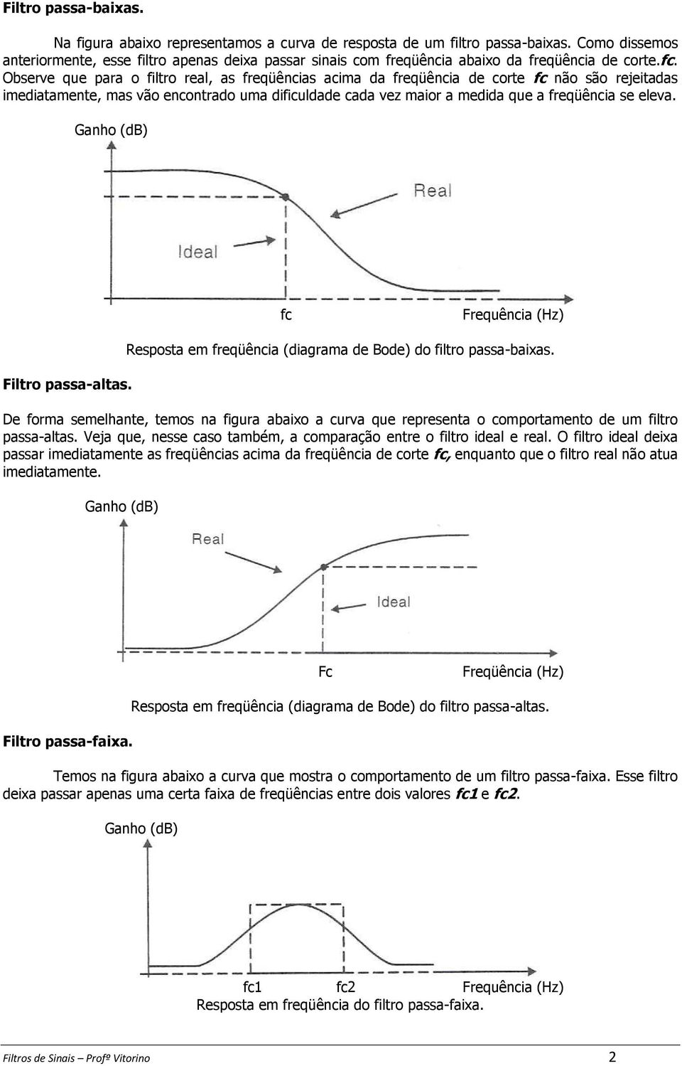 Observe que para o filtro real, as freqüências acima da freqüência de corte fc não são rejeitadas imediatamente, mas vão encontrado uma dificuldade cada vez maior a medida que a freqüência se eleva.